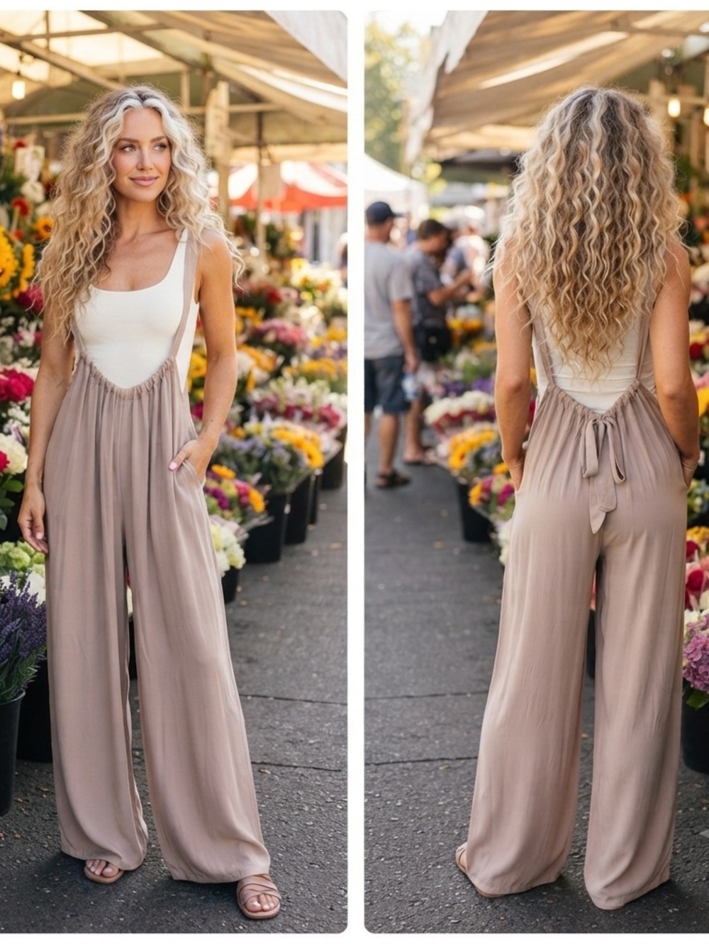 SUSPENDER WIDE LEG JUMPSUIT IN WARM
SAND, NWT Size Medium